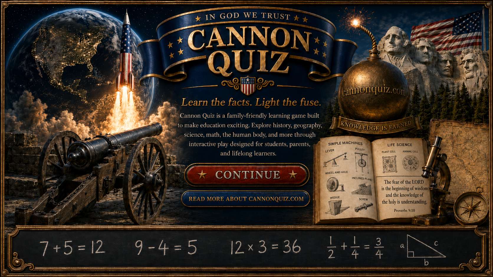 Cannon Quiz introduction featuring a globe, American history, science, maps, a cannon, and a gold cannonball with a burning fuse.