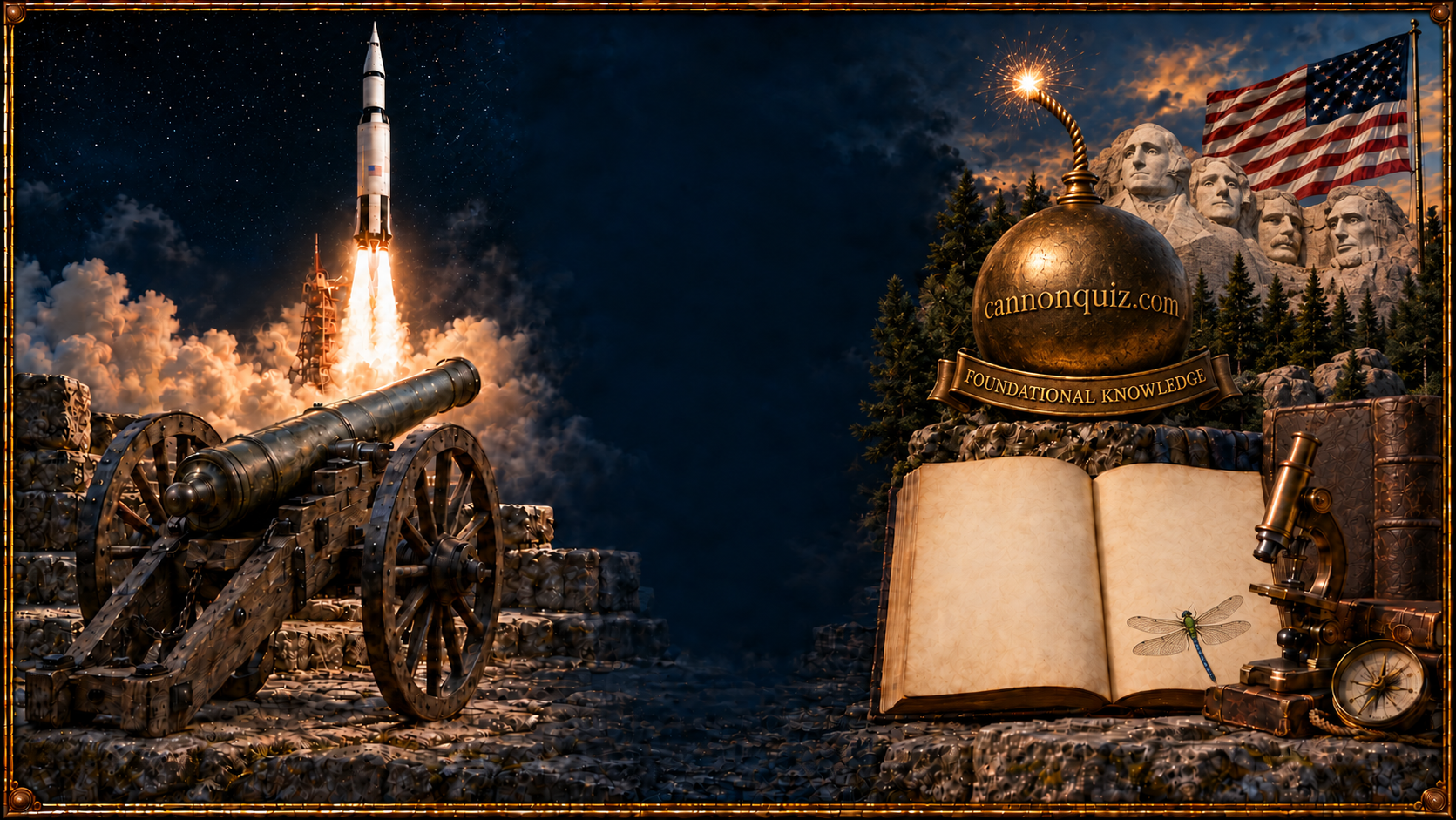 A Revolutionary War style cannon and American rocket beside a realistic illustration of Mount Rushmore, an American flag, the gold cannonquiz.com ball with a Foundational Knowledge ribbon, and an open book of geography and learning subjects.